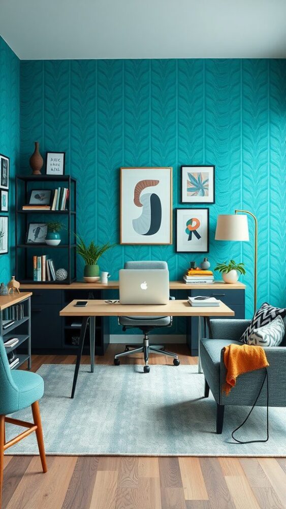 A stylish home office with turquoise wallpaper, a wooden desk, and modern furniture.