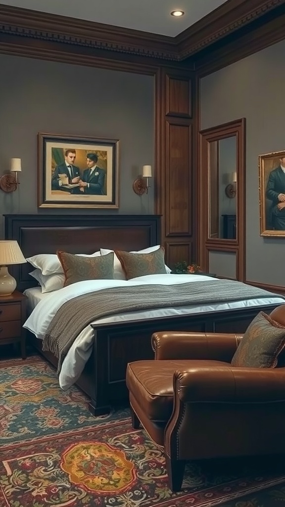 Classic gentleman's study with a wooden bed, a leather armchair, and elegant decor