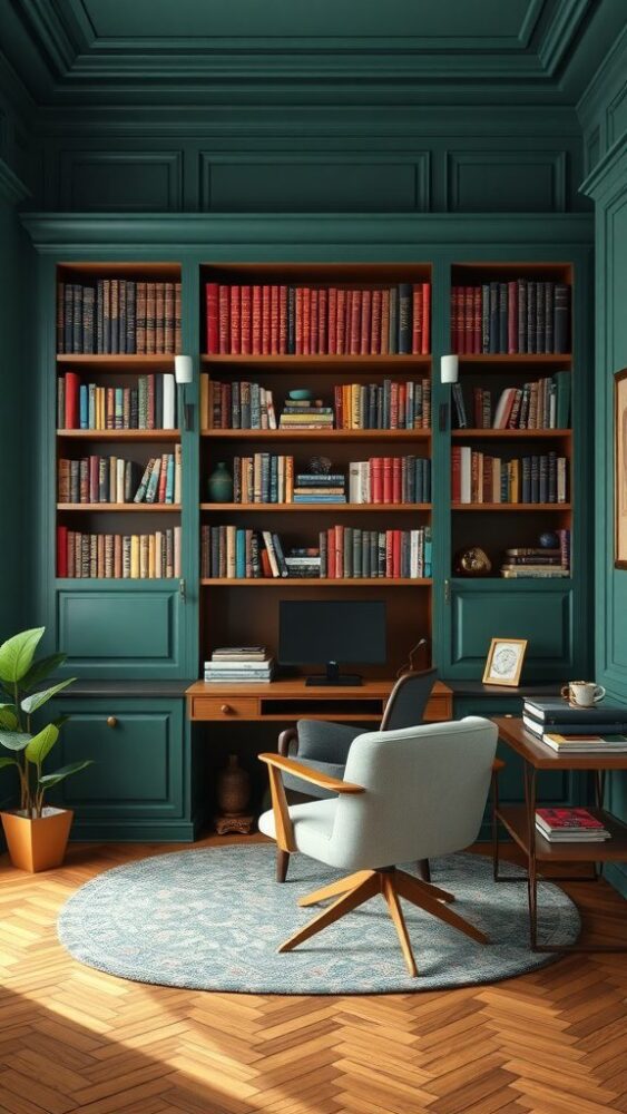 A cozy home office with dark green walls, wooden bookshelves filled with books, a comfortable armchair, a rug, and a stylish desk.