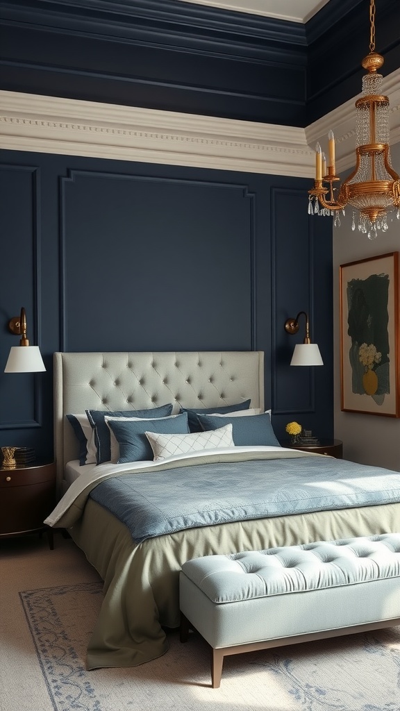 A stylish bedroom featuring navy walls, gray bedding, and elegant lighting.