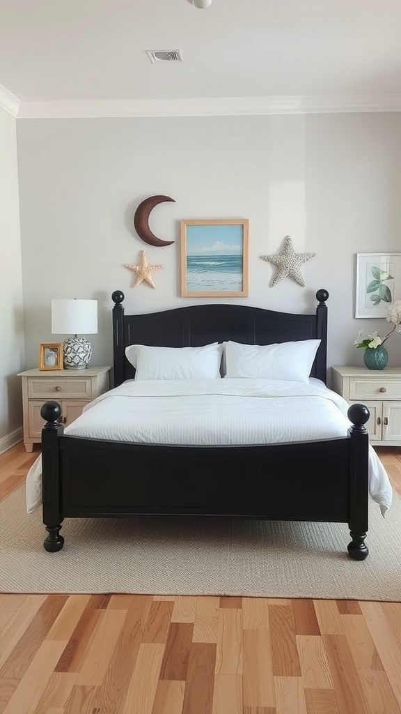 Coastal bedroom with black bed, wall art, and natural decor