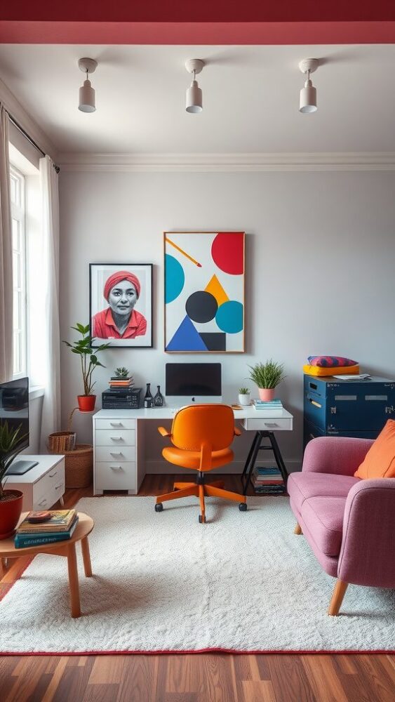 A colorful home office setup featuring a gray wall, orange chair, and geometric art.