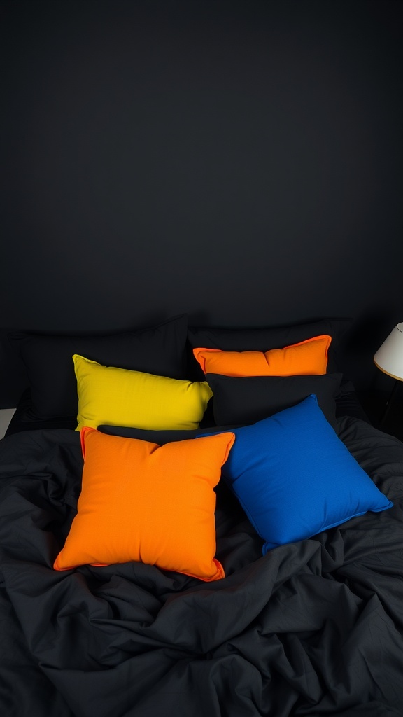 Colorful accent pillows on a black bed with black bedding and wall.