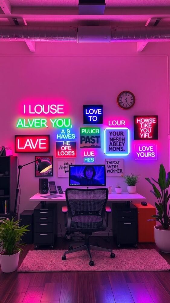 A colorful home office featuring neon wall art with quirky messages, a desk, and plants.