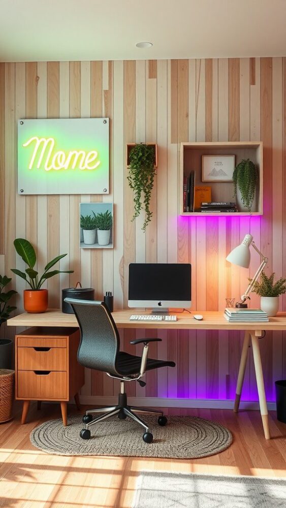 A modern home office featuring neon lighting, plants, a wooden wall, and a stylish desk setup.