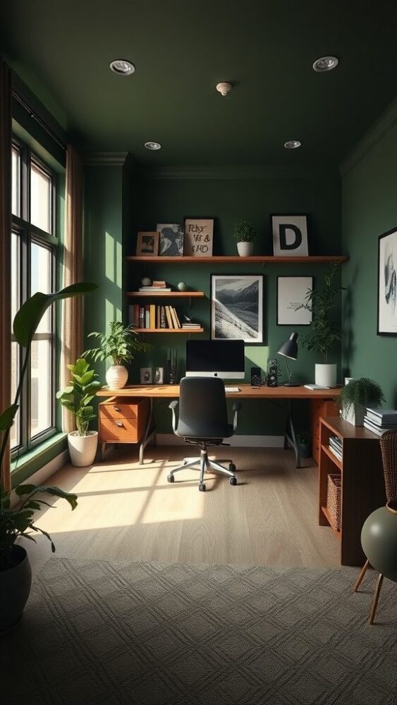 Home office with dark green walls, ergonomic chair, desk, and plants