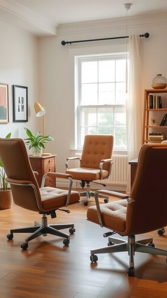 Cozy rustic home office with stylish chairs and natural light.