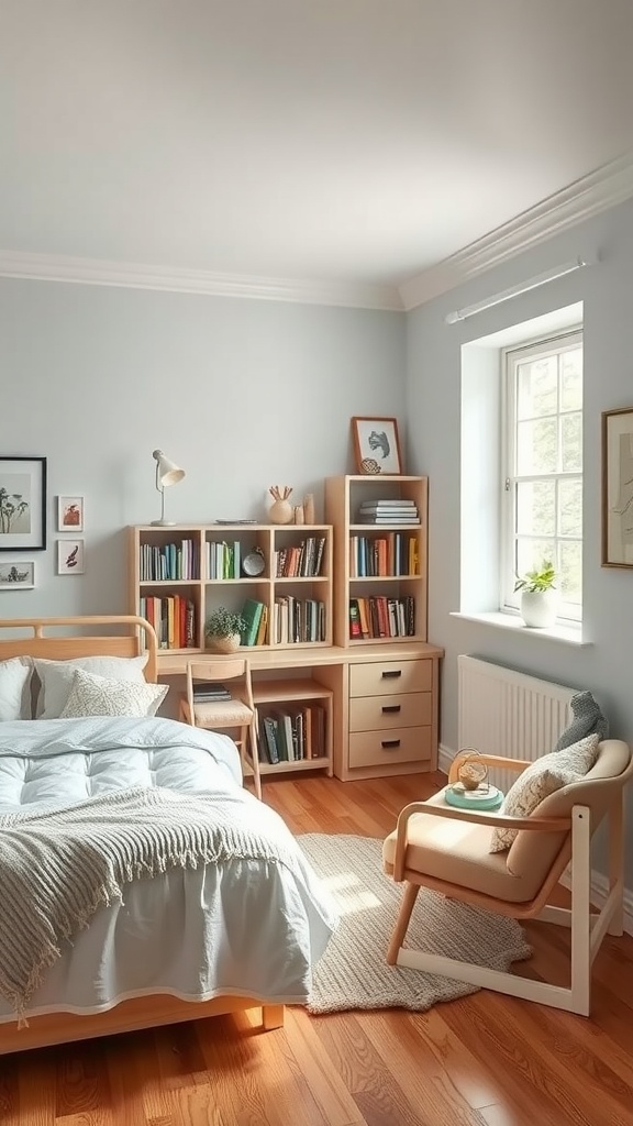 A cozy bedroom with a study nook featuring a bed, bookshelf, and comfortable chair.