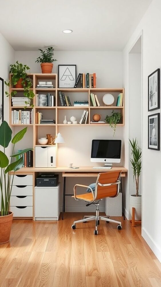 A modern compact home office featuring a wooden desk, ergonomic chair, open shelving with books and plants, and tidy storage solutions.