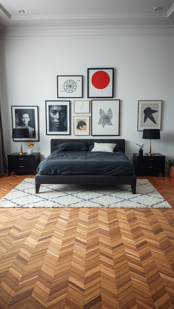 A modern bedroom featuring a black bed with a gallery wall of contemporary art above it.