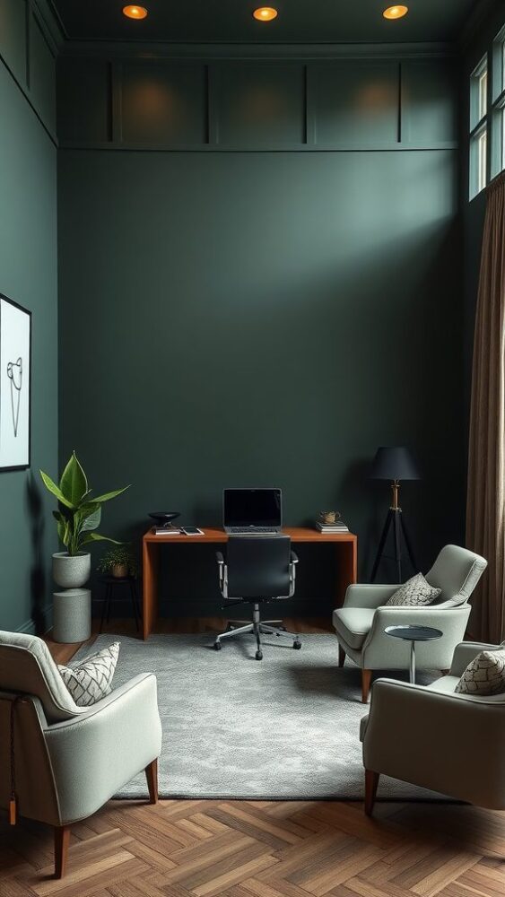 Home office with dark green walls, sleek desk, ergonomic chair, and cozy seating area.