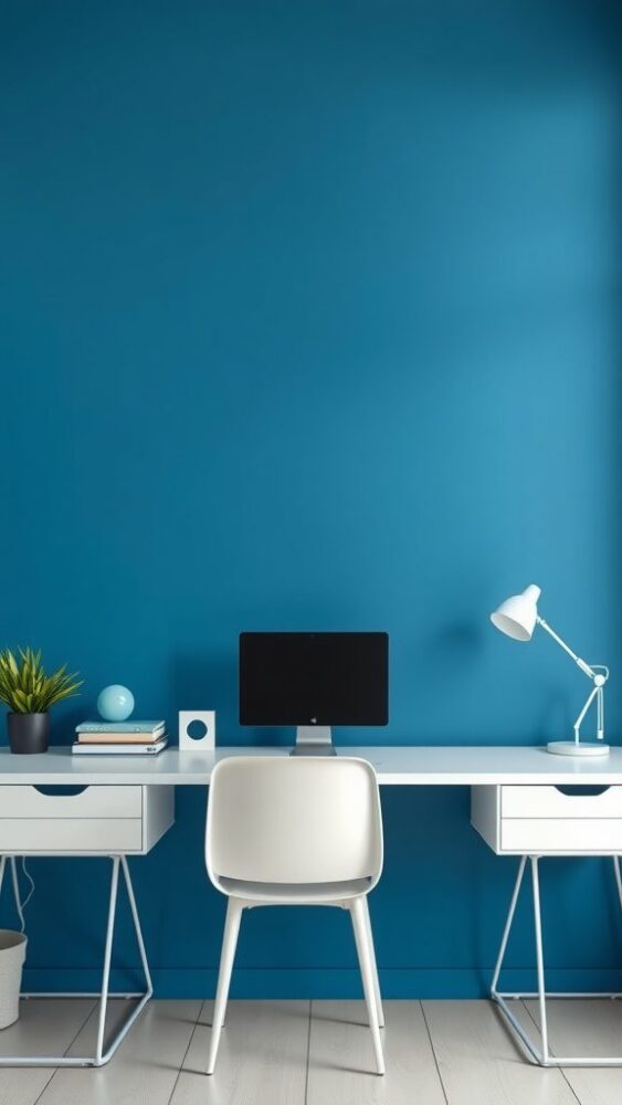 A minimalist home office with blue wallpaper, featuring a white desk, modern chair, and simple decor.