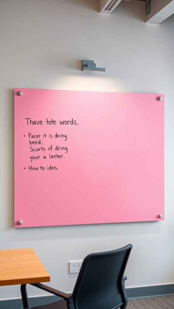 A contemporary pink whiteboard with notes in a modern office setting