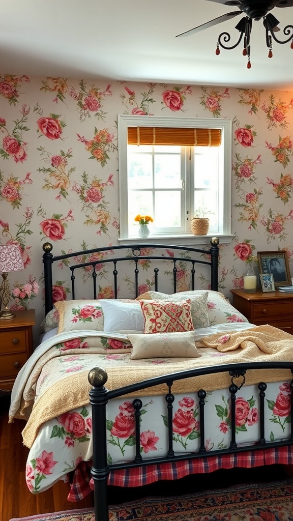 A cozy bedroom featuring a black bed frame with floral bedding and wallpaper, complemented by wooden nightstands and warm lighting.