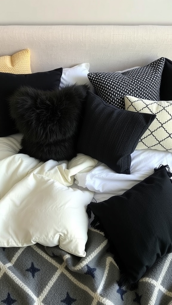 A collection of cozy black throw pillows on a bed, featuring various textures and patterns.