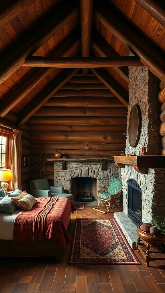 Cozy cabin bedroom featuring wooden beams, a stone fireplace, and a rustic aesthetic.