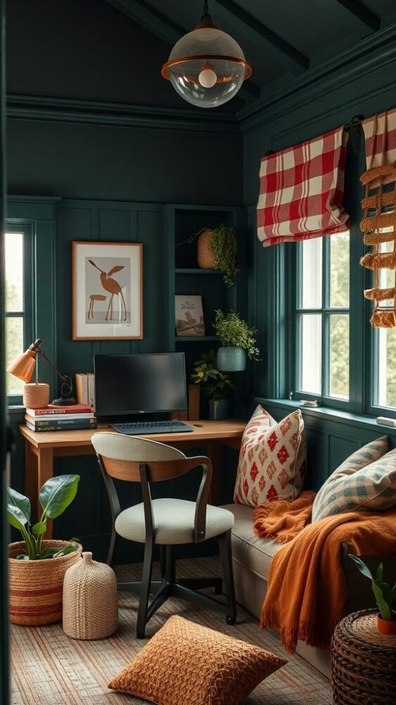 Cozy home office with dark green walls, wooden desk, and comfortable furnishings