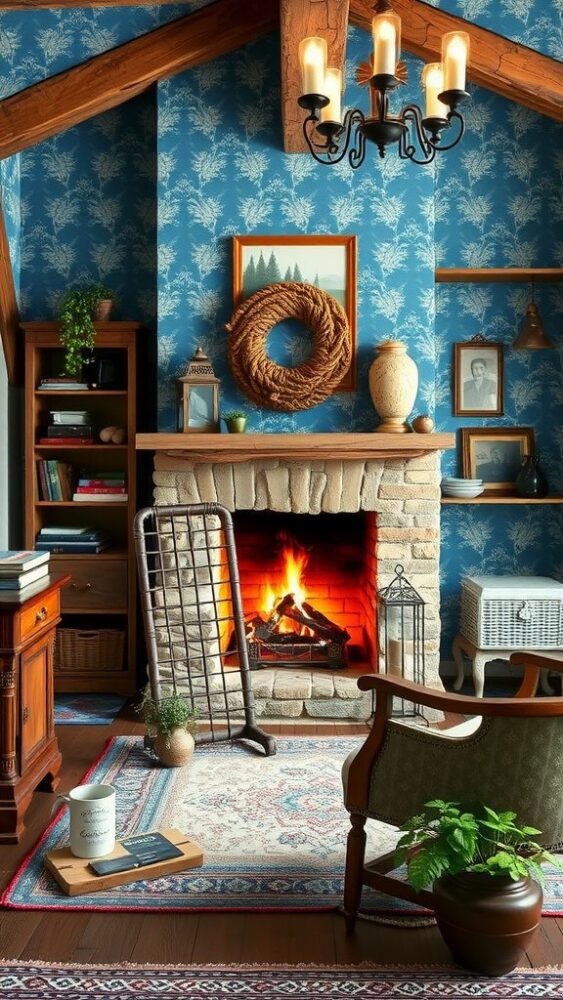 Cozy cottage home office with blue wallpaper and a fireplace