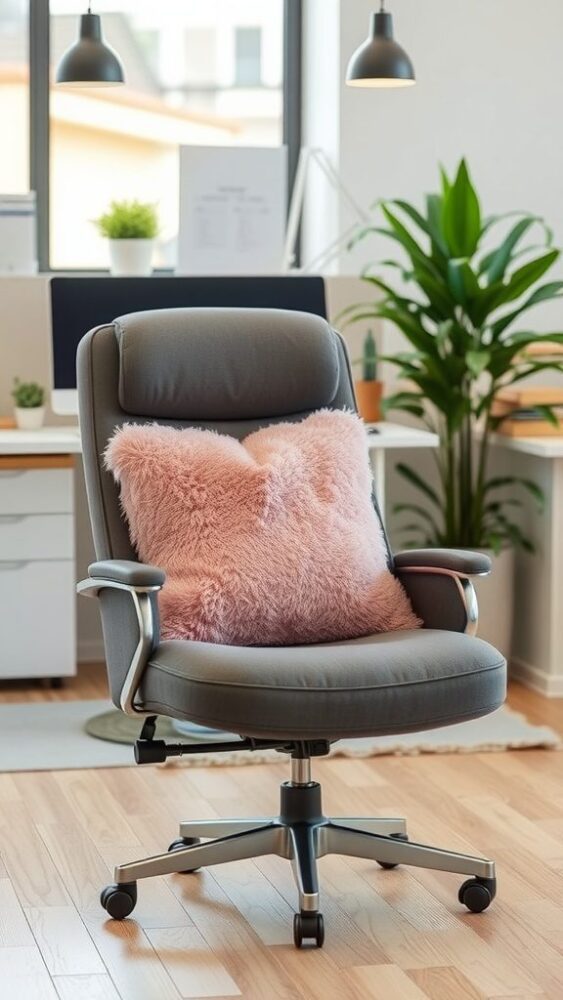 A stylish office chair with a fluffy pink throw pillow, set in a bright office space.