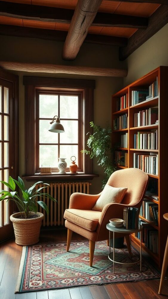 A cozy reading nook with an orange chair, side table, and bookshelves, surrounded by natural light and a potted plant.