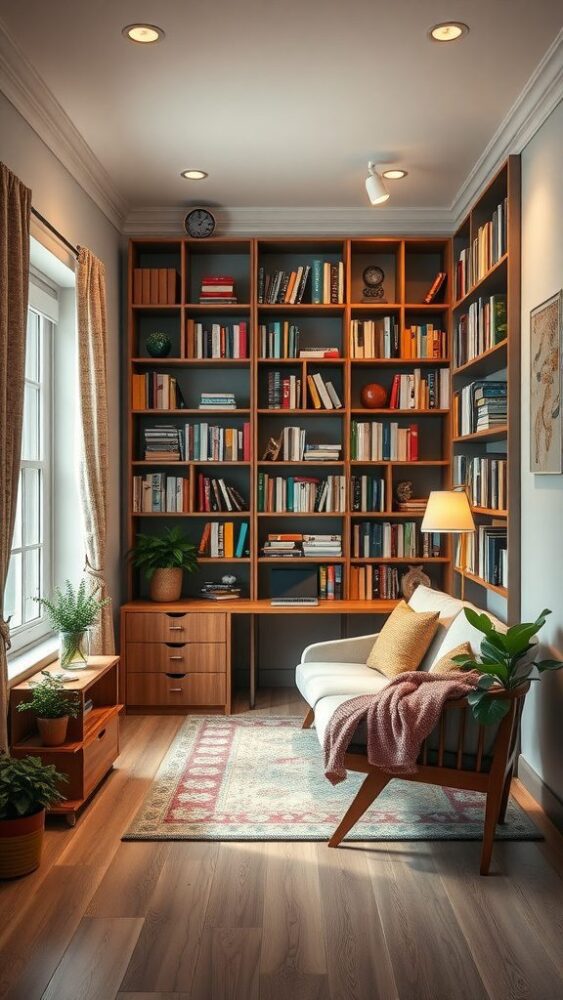 A cozy reading nook office featuring a chair, desk, bookshelves, and plants.