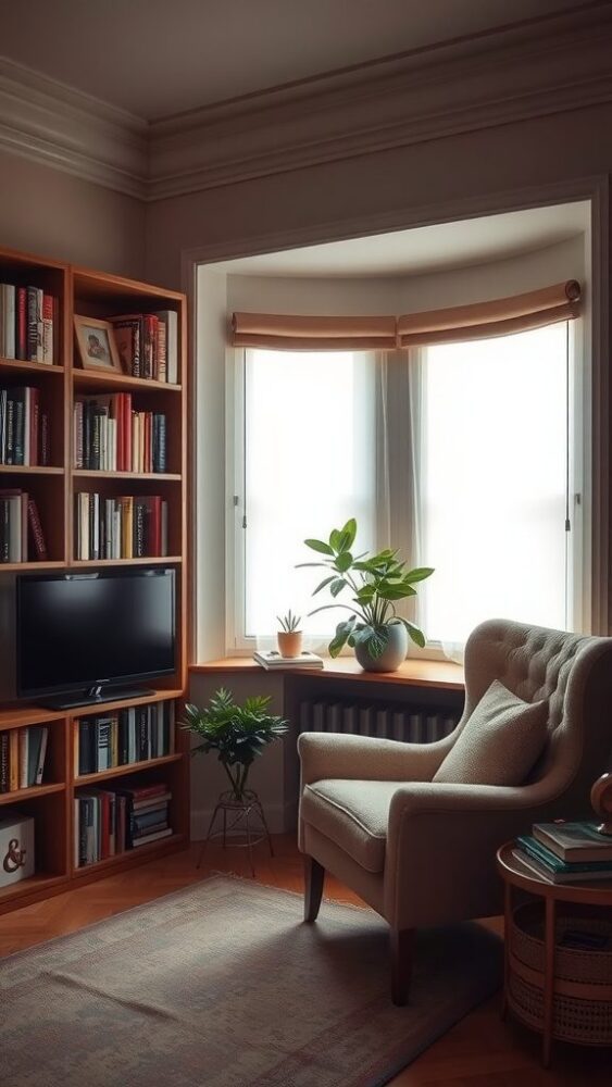 A cozy reading nook featuring an armchair, a bookshelf filled with books, a television, and indoor plants.