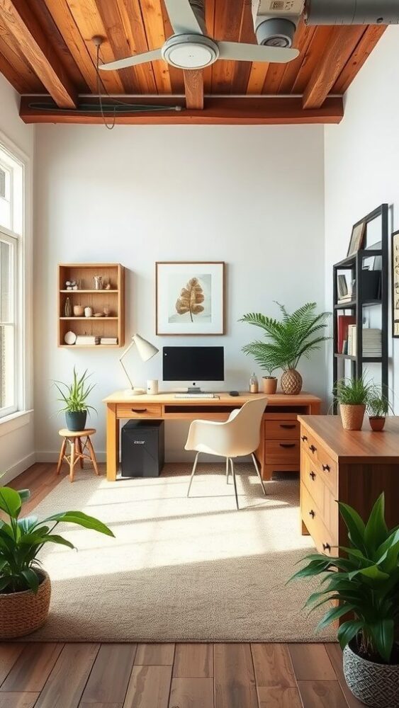 A rustic home office featuring wooden furniture, potted plants, and natural light.