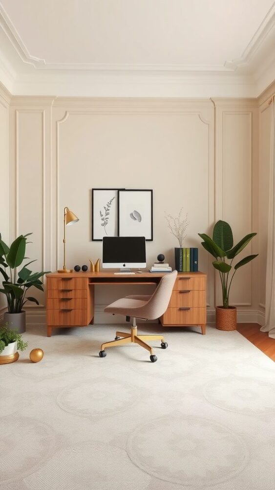 A feminine home office with creamy beige walls, wooden desk, and greenery.