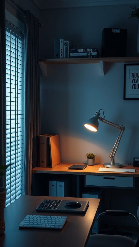 Cozy small home office with warm lighting and a desk lamp.