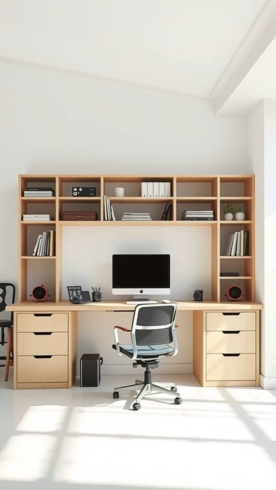 Bright and minimalist home office setup with a desk, computer, and organized shelves.