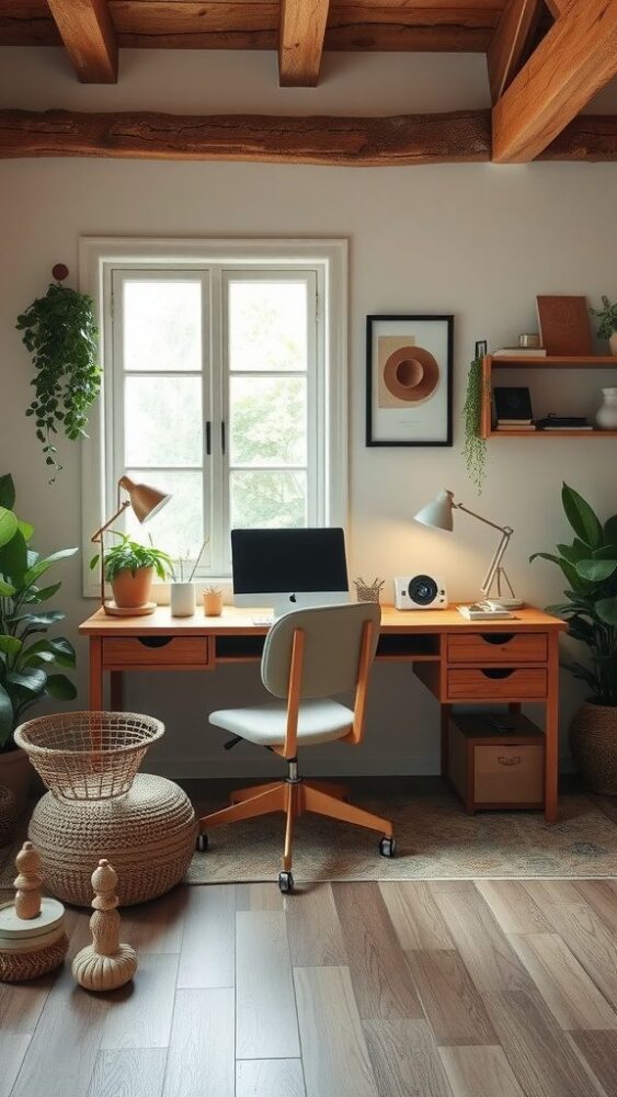 A serene rustic home office with wooden beams, plants, and a simple desk setup