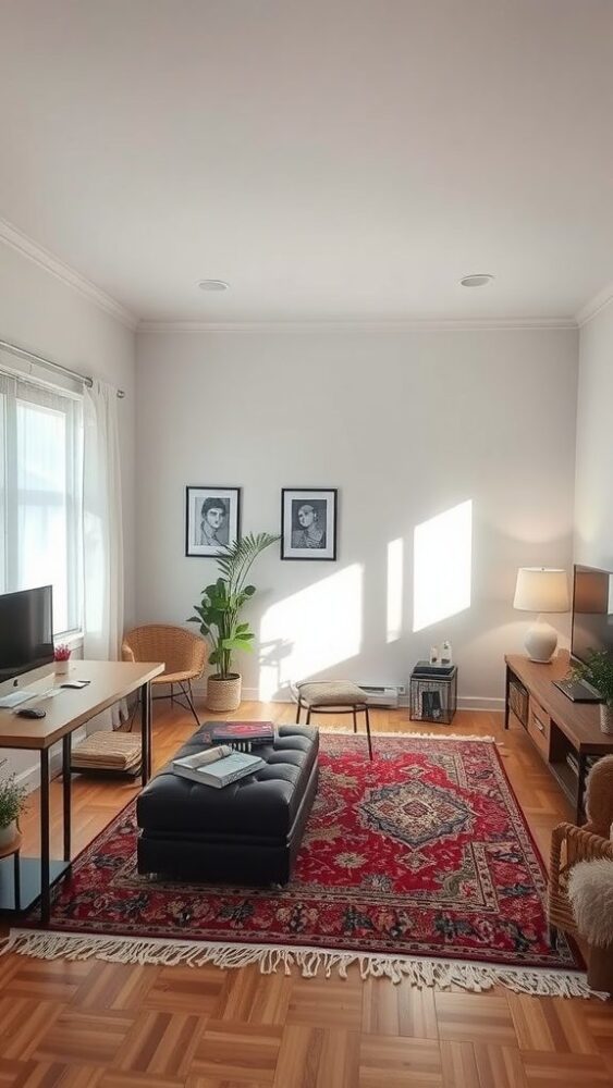 Home office and TV room combo with distinct work and relaxation zones.