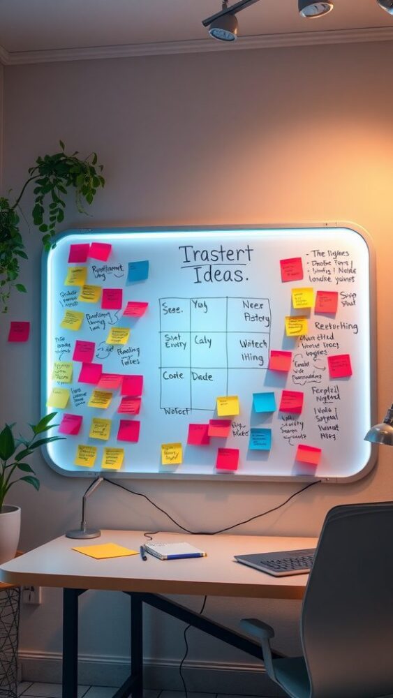 A colorful neon whiteboard with sticky notes for brainstorming ideas in a home office.