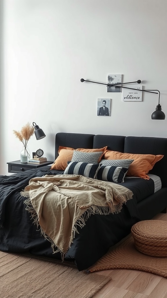 Cozy bedroom featuring a black bed with layered textiles and decorative pillows.