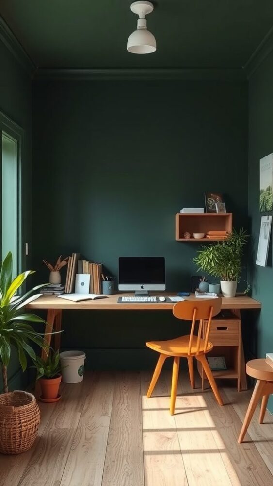 A cozy dark green home office with wooden furniture and plants.