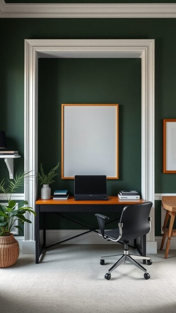 Home office with dark green walls and white trim, featuring a wooden desk and modern chair