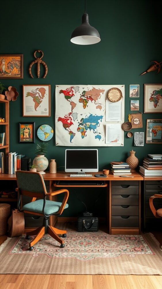 A cozy home office with dark green walls, featuring a world map, framed artworks, and decorative items.