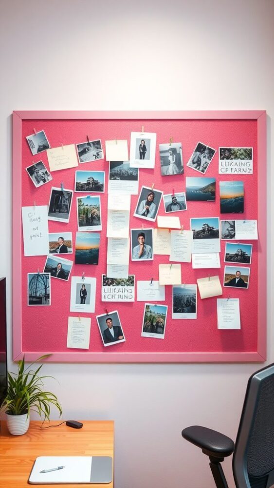 A customizable pink corkboard filled with photos and notes, set in an office environment.