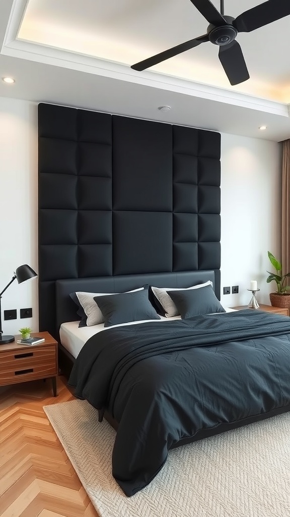 A modern bedroom featuring a customized black tufted headboard, soft black bedding, and stylish decor.