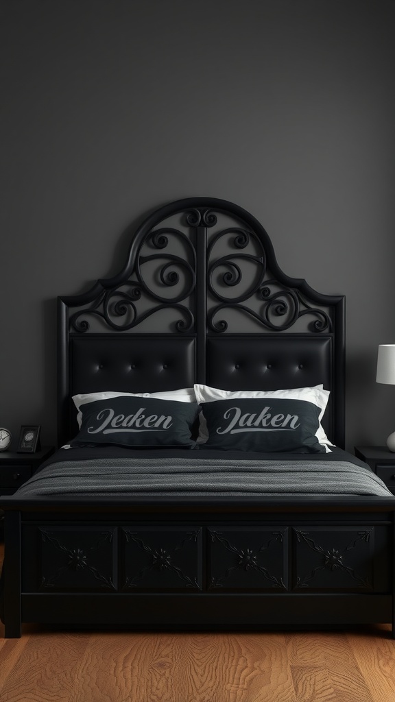 A stylish black headboard with intricate scrollwork and matching pillows in a modern bedroom setting.