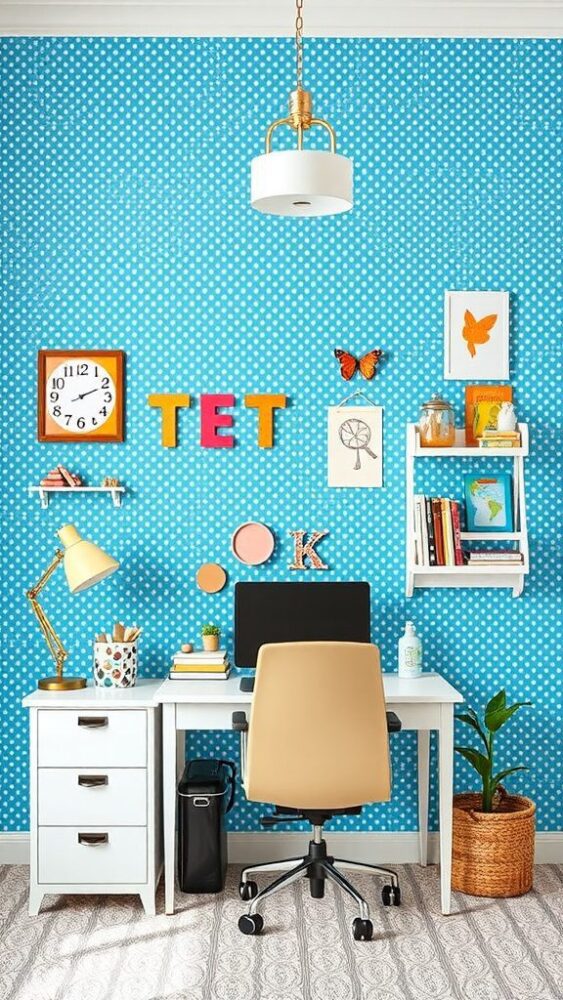 A cute home office with blue polka dot wallpaper, a white desk, and various colorful decorations.