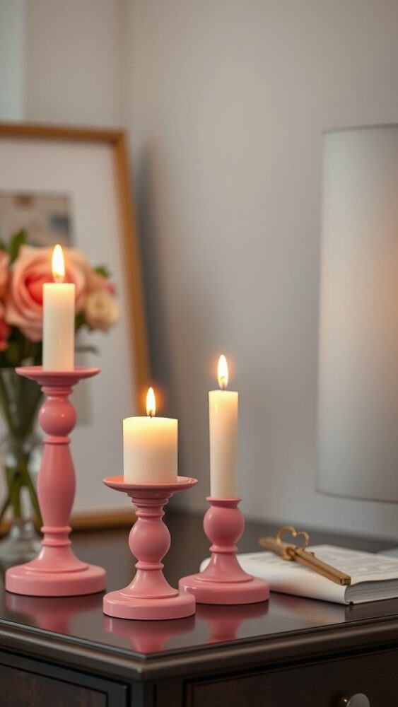 Three stylish pink candle holders with lit candles on a dark wooden table