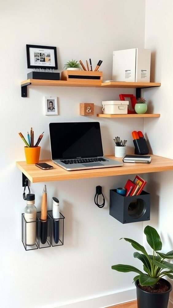 A compact wall-mounted workstation featuring shelves, a laptop, and organized stationery.