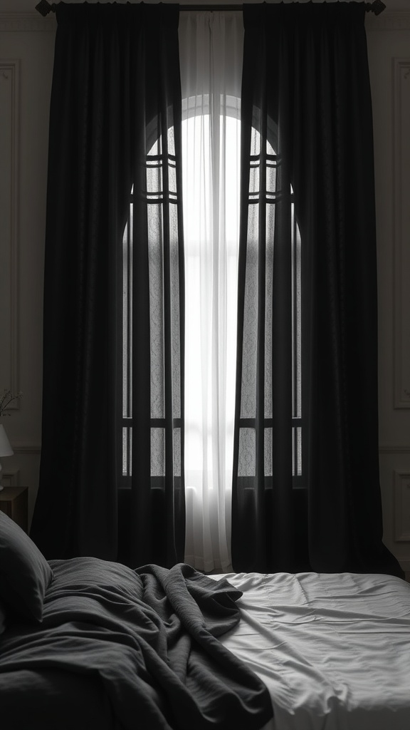 A bedroom featuring dramatic black curtains and a neatly made bed.