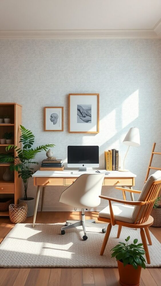 A cozy home office featuring light blue wallpaper, wood furniture, and plants.