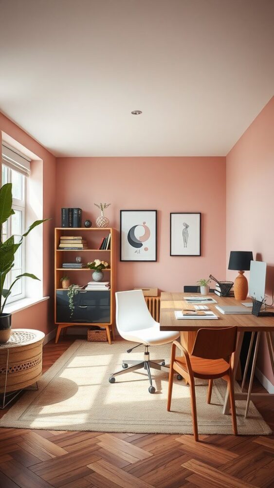 A cozy home office featuring dusty rose walls, a wooden desk, a white chair, and decorative elements.