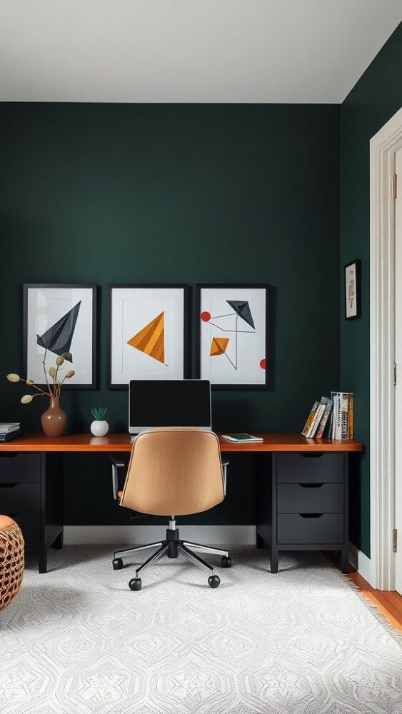 A stylish home office featuring dark green walls and geometric art prints.