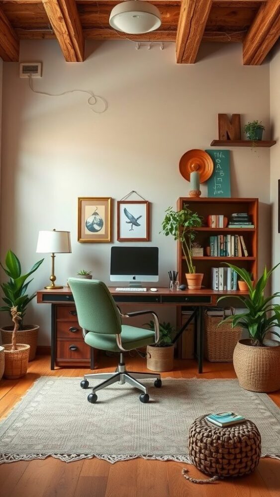 A cozy rustic home office featuring an earthy color palette with a wooden desk, green chair, plants, and warm lighting.