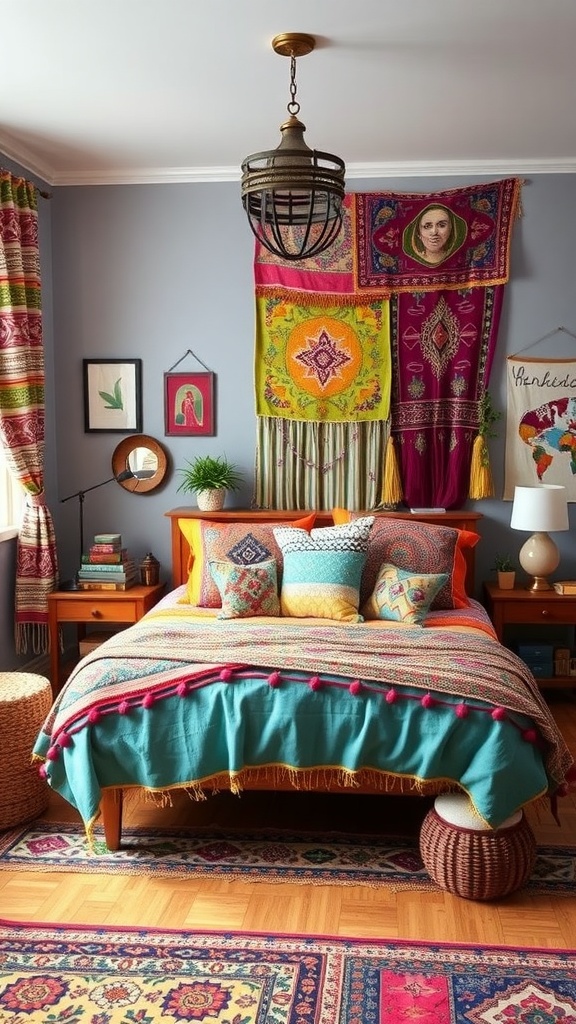 Eclectic bohemian style bedroom with vibrant colors and patterns