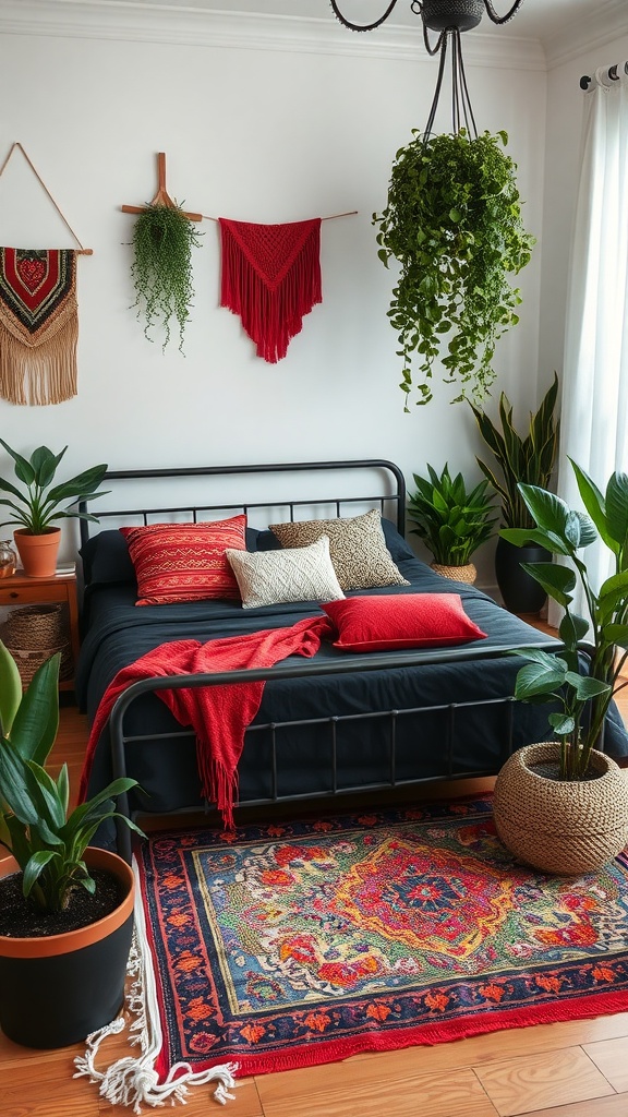 Eclectic bohemian styled bedroom featuring a black bed with red and patterned accents, plants, and colorful wall decor.